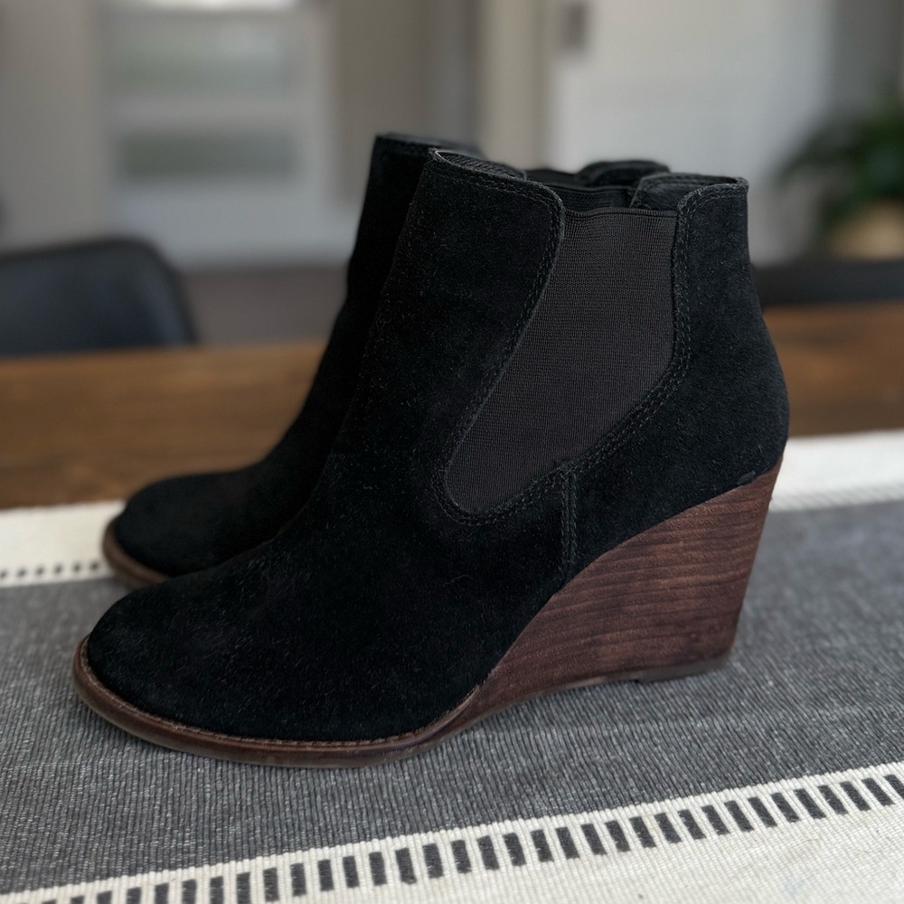 Lucky Brand Black Suede Wedge Booties